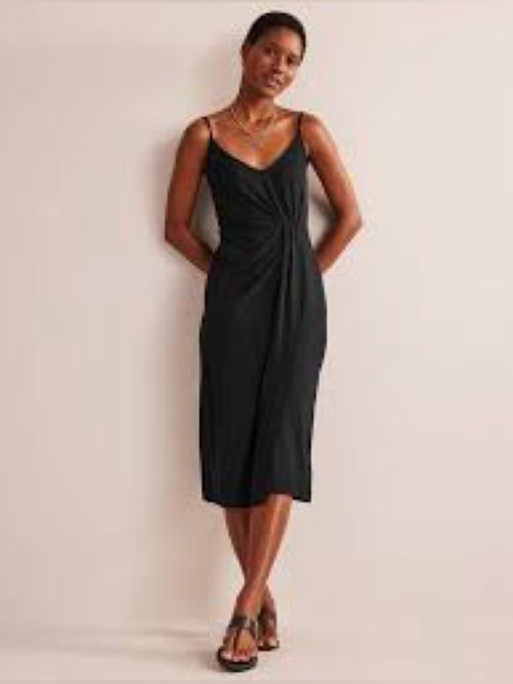 Boden Black Spaghetti-Strap Midi Dress size 4 Faux Wrap Beachy Vacation